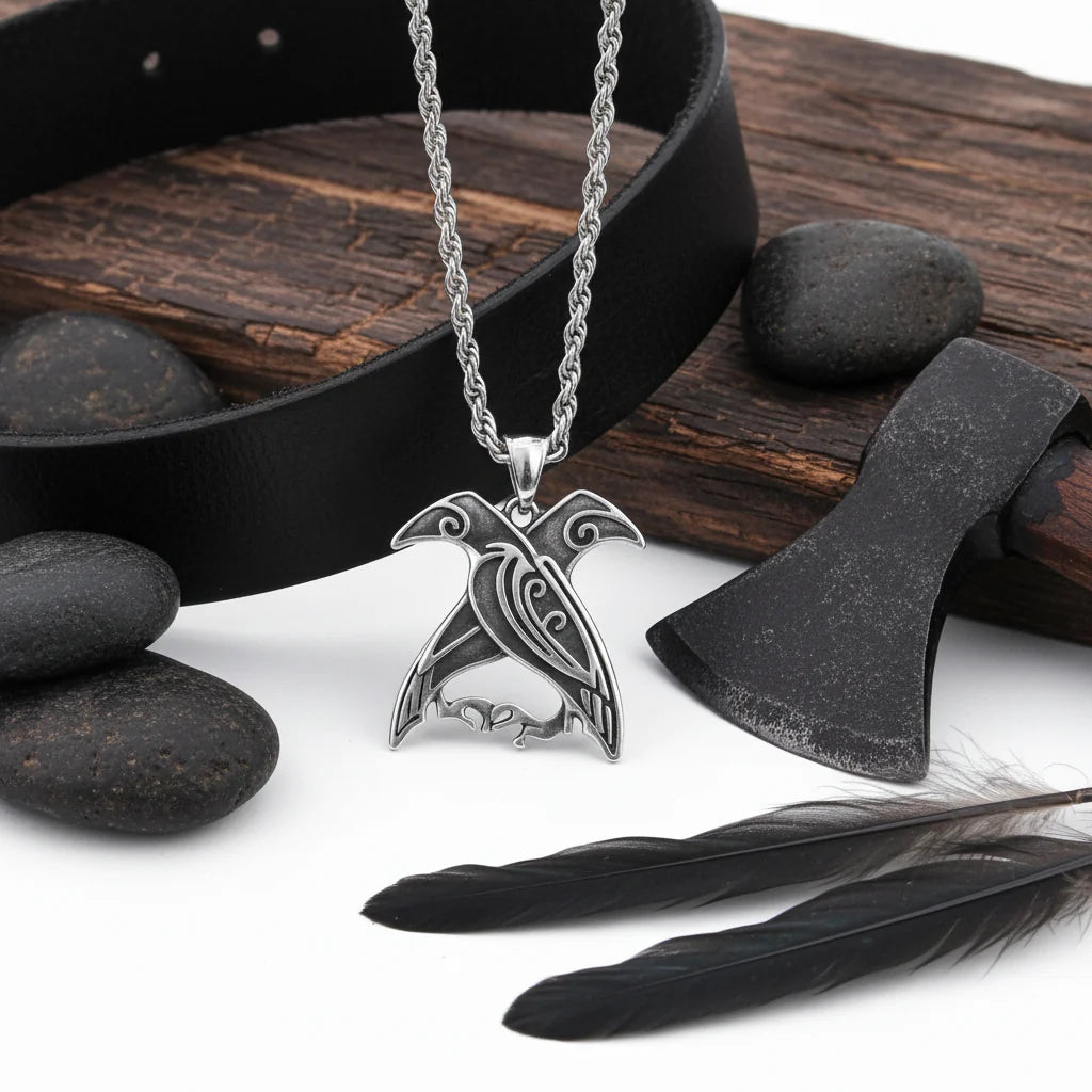 Odin Huginn & Muninn Raven Stainless Steel Viking Necklace for Men – Norse Mythology Pendant with Wooden Box