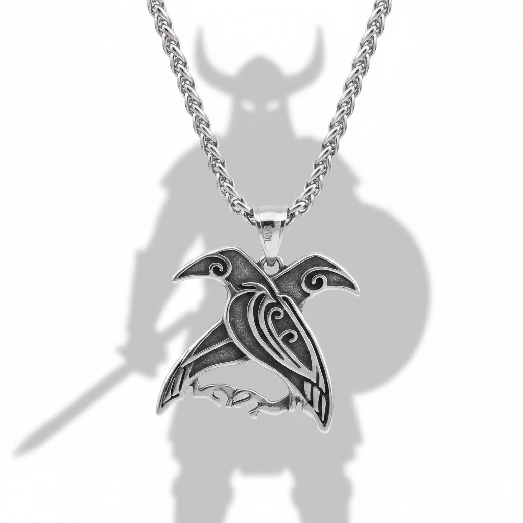 Odin Huginn & Muninn Raven Stainless Steel Viking Necklace for Men – Norse Mythology Pendant with Wooden Box