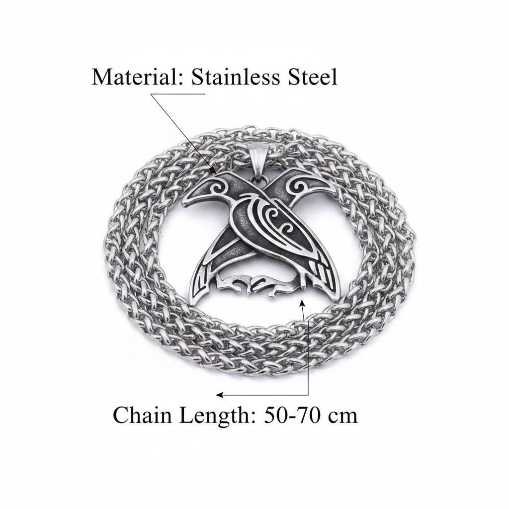 Odin Huginn & Muninn Raven Stainless Steel Viking Necklace for Men – Norse Mythology Pendant with Wooden Box