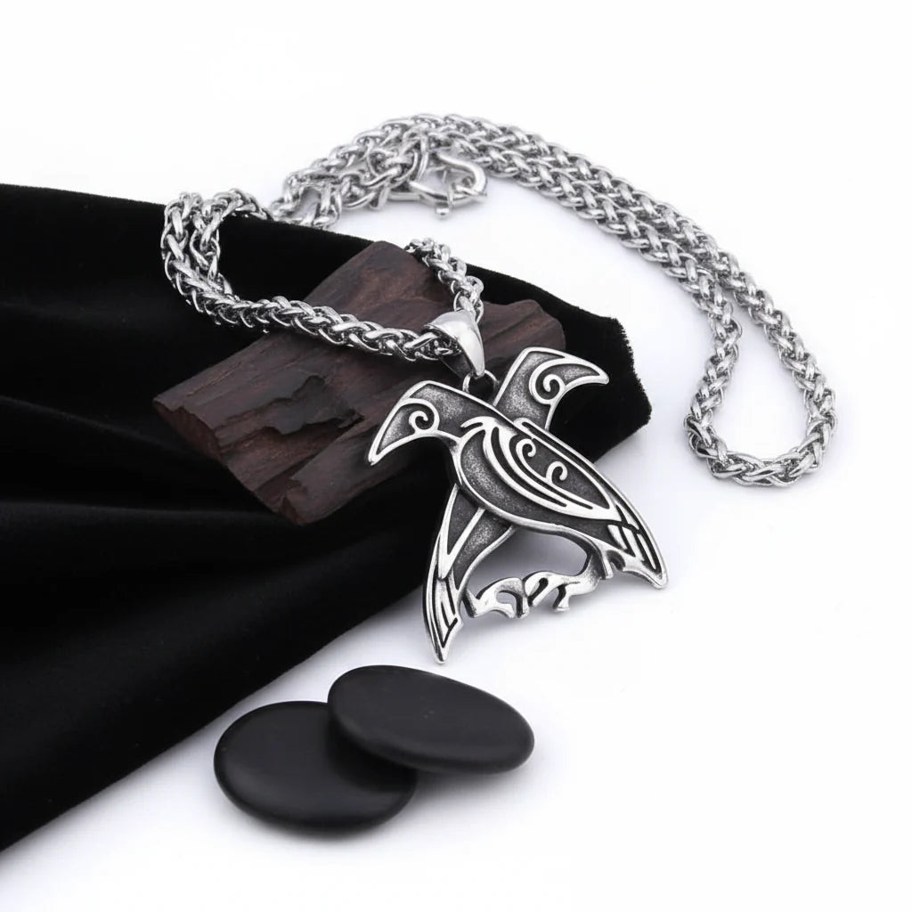 Odin Huginn & Muninn Raven Stainless Steel Viking Necklace for Men – Norse Mythology Pendant with Wooden Box