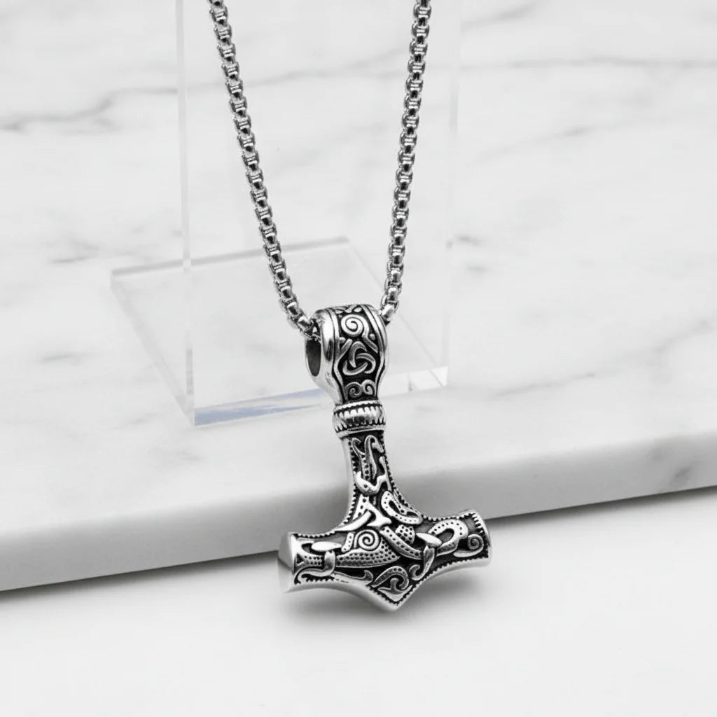 Odin Viking Rune Necklace for Men – 316L Stainless Steel Norse Pendant, Mjolnir Nordic Jewelry
