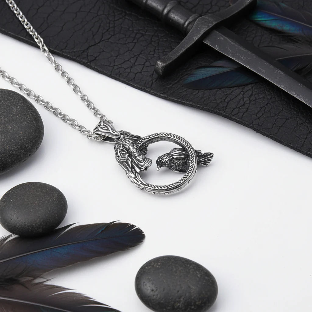 Odin Huginn & Muninn Raven Stainless Steel Pendant Necklace – Viking Norse Mythology Gift Box Set