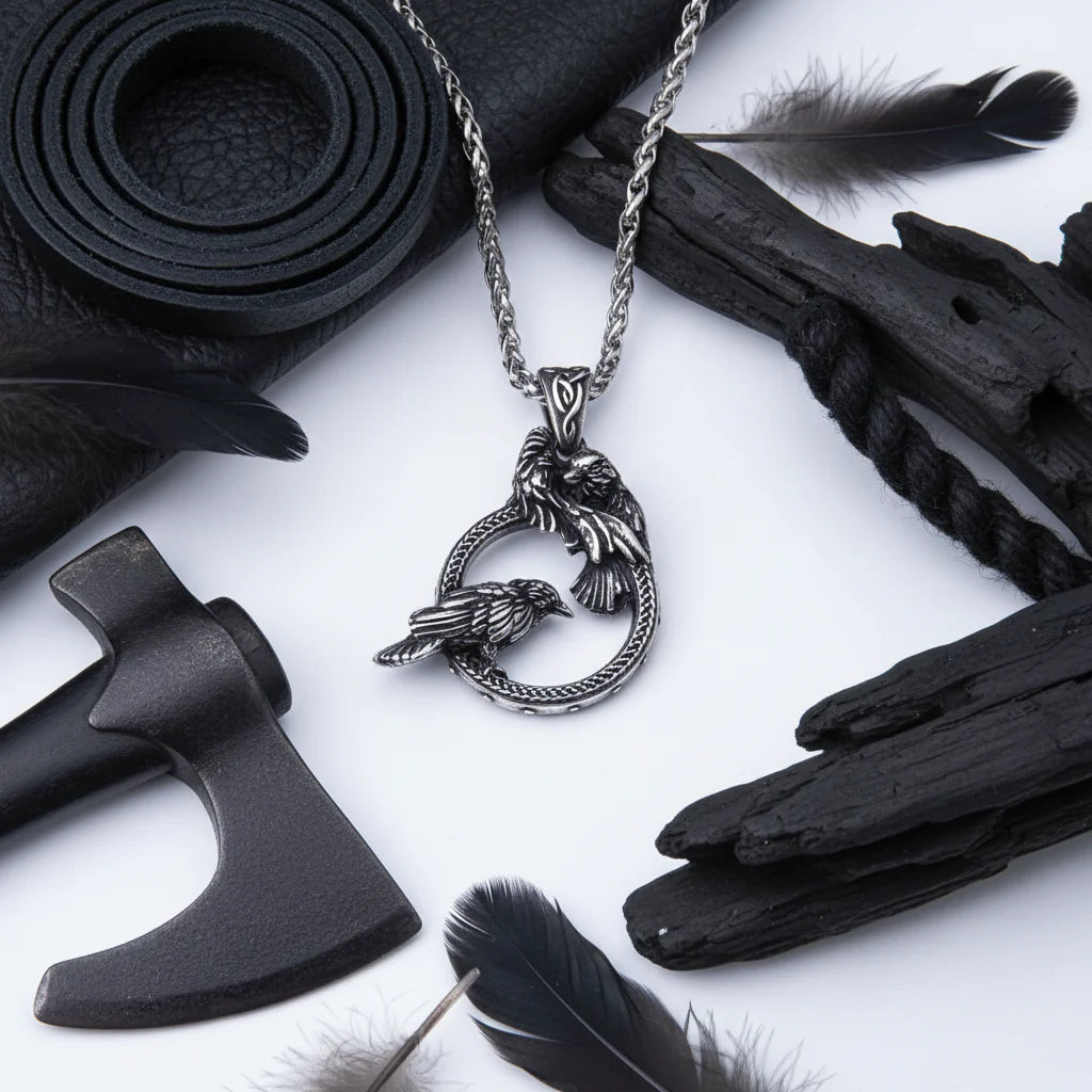 Odin Huginn & Muninn Raven Stainless Steel Pendant Necklace – Viking Norse Mythology Gift Box Set