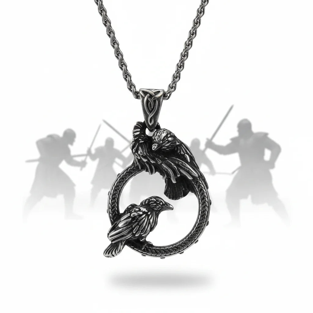 Odin Huginn & Muninn Raven Stainless Steel Pendant Necklace – Viking Norse Mythology Gift Box Set