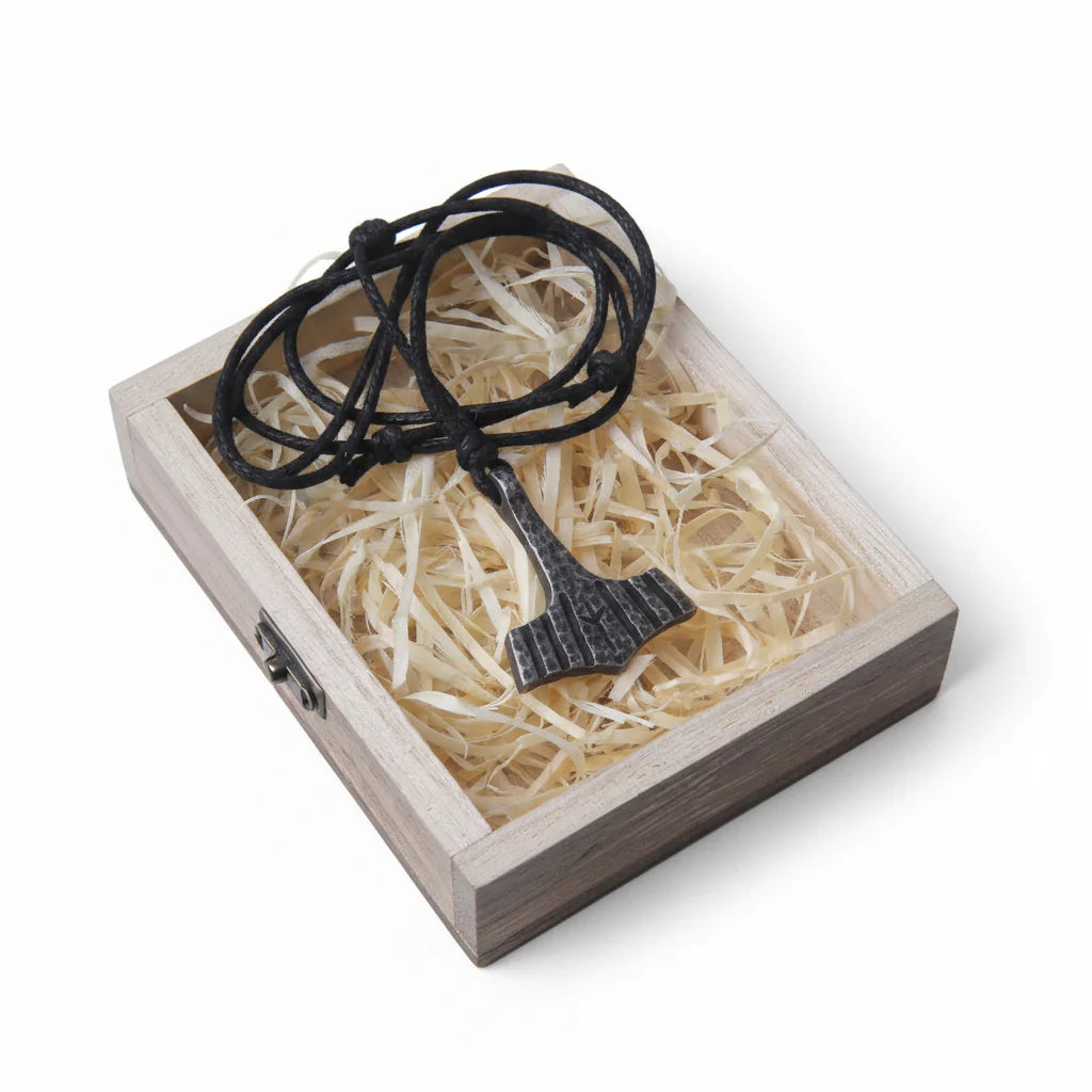 Thor’s Hammer Mjolnir Iron Gray Stainless Steel Viking Necklace for Men – Gift Box Set