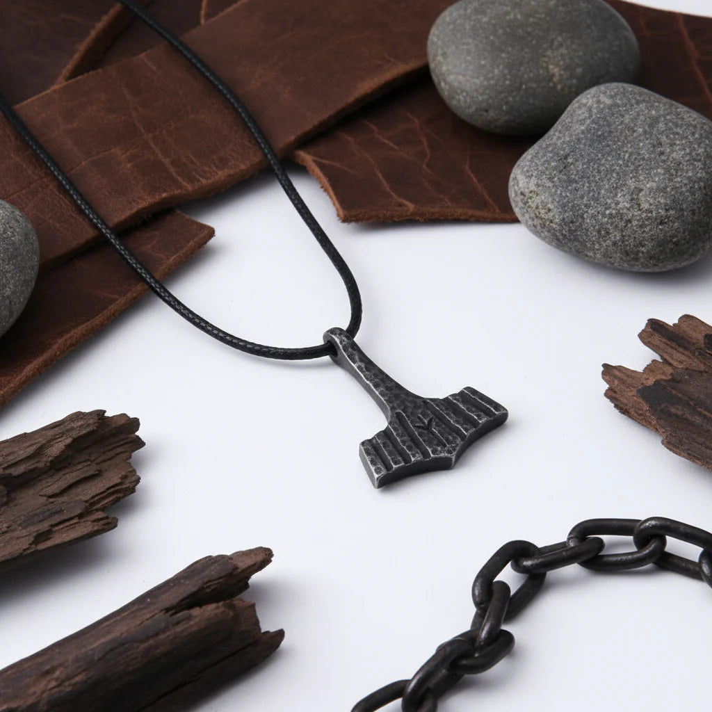 Thor’s Hammer Mjolnir Iron Gray Stainless Steel Viking Necklace for Men – Gift Box Set