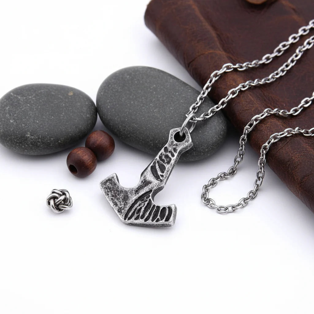 Thor Mjolnir necklace for men – Viking Norse Pendant with Steel Chain