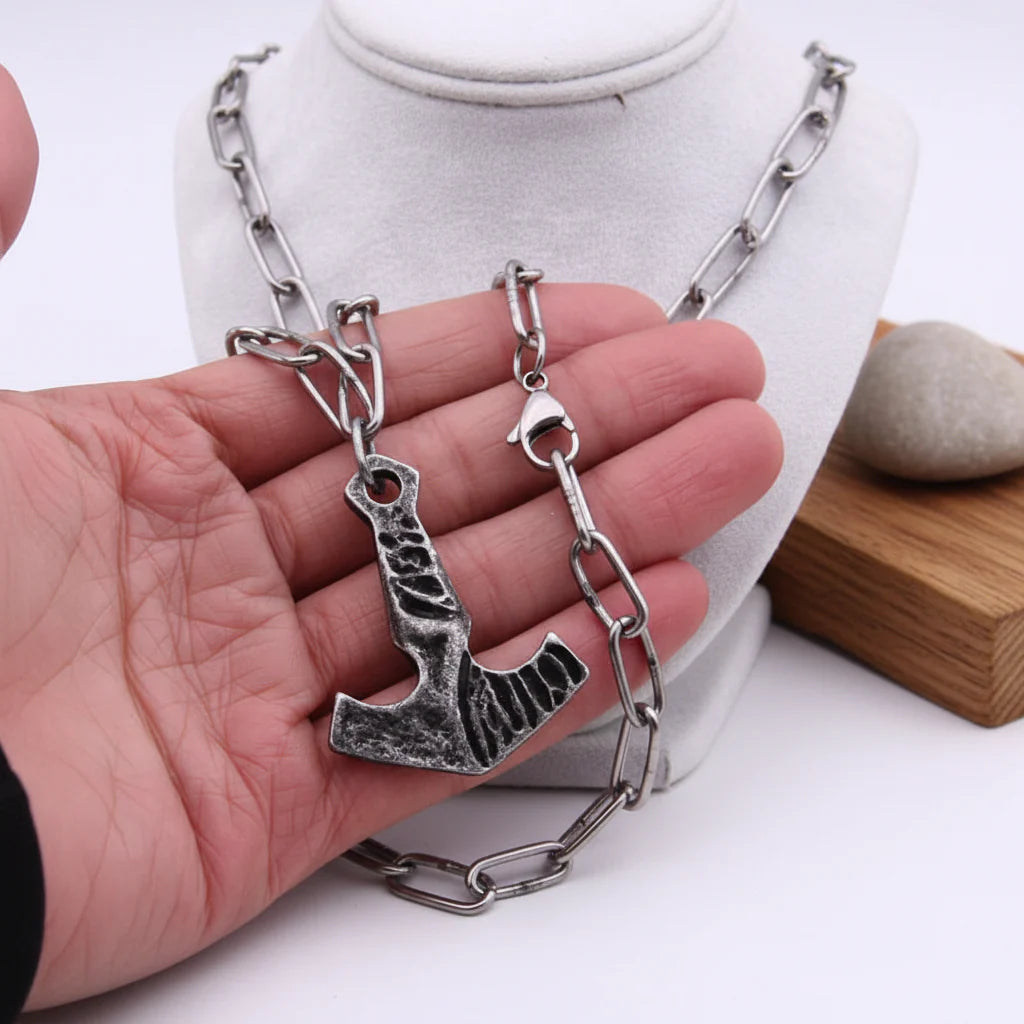 Thor Mjolnir necklace for men – Viking Norse Pendant with Steel Chain
